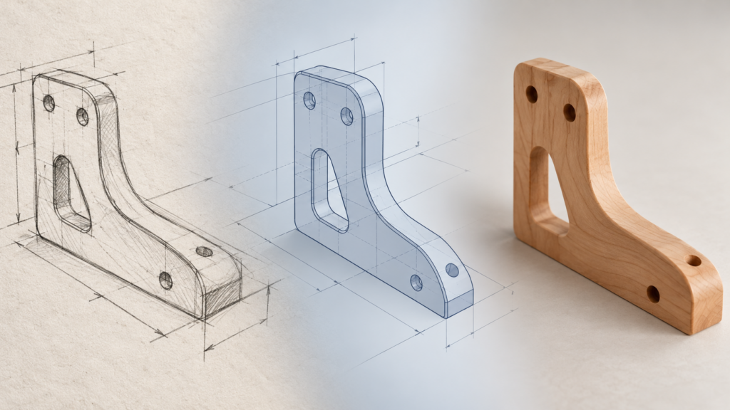 Handskizze, CAD-Zeichnung und fertiges Holzbauteil im Vergleich